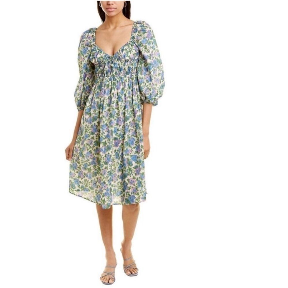For Love & Lemons Bridget Midi White Green Dress Floral Puff Size S - Picture 5 of 13